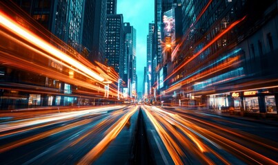 Fototapeta premium The background is an urban street with tall buildings, featuring motion blur and blurred light rays in the foreground