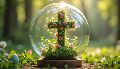 Elegant Floral Cross Inside a Glass Globe in a Garden – A Symbolic Easter Image for Faith-Based Marketing and Promotions