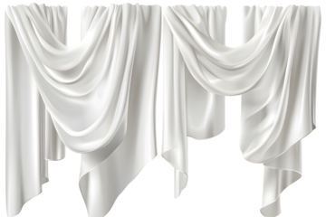 Realistic set of white curtains hanging. Vector illustration of silk fabric sheets, veil fluttering in wind. Home textile, light drapery, isolated on white or transparent background