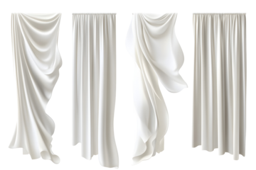 Realistic set of white curtains hanging. Vector illustration of silk fabric sheets, veil fluttering in wind. Home textile, light drapery, on white or transparent background