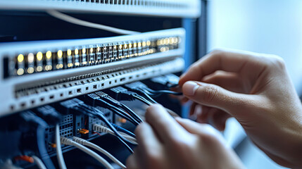 Technician in modern office maintaining network server, surrounded by cables and routers, showcasing focus and professionalism in IT infrastructure management.