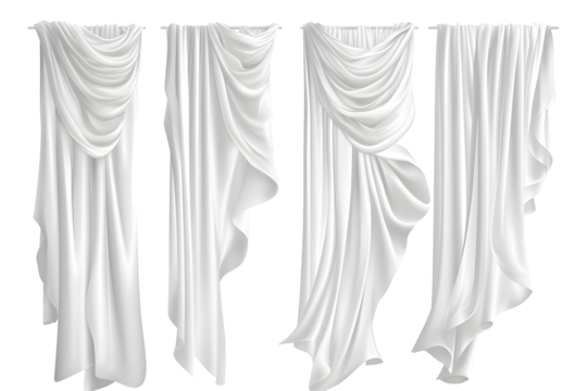 Realistic set of white curtains hanging. Vector illustration of silk fabric sheets, veil fluttering in wind. Home textile, light drapery, kept on white or transparent background