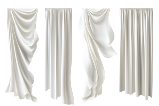 Realistic set of white curtains hanging. Vector illustration of silk fabric sheets, veil fluttering in wind. Home textile, light drapery, on white or transparent background