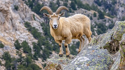 Obraz premium Mountain goat stands rocky peak, wild landscape