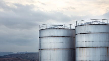 Fototapeta premium Industrial Storage Tanks Under Dramatic Cloudy Sky at Dusk