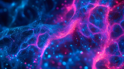 Fototapeta premium A neon cyberpunk woven pattern with glowing pink and blue strands forming a complex structure