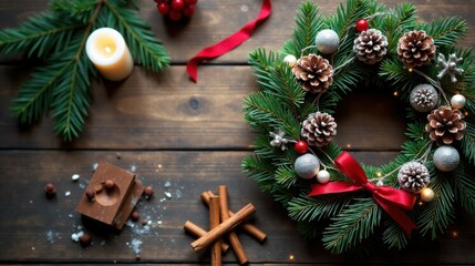 A Festive Evergreen Wreath Adorned with Pinecones, Berries, and Sparkling Ornaments, Complemented by a Burning Candle and Aromatic Cinnamon Sticks on a Rustic Wooden Surface