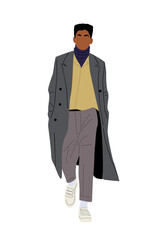 Black man wearing trendy modern street style autumn outfit walking. African american male character in coat, smart casual clothes. Vector realistic illustration isolated 