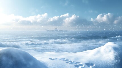 Fototapeta premium Footprints in snow near frozen beach with ship in distant, for travel or winter use