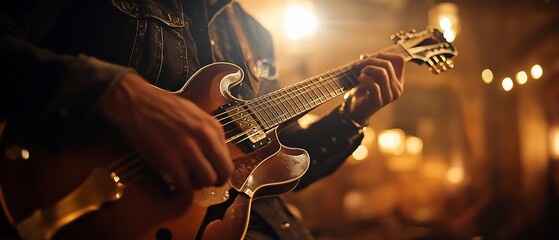 Obraz premium Musician playing guitar at a dimly lit concert