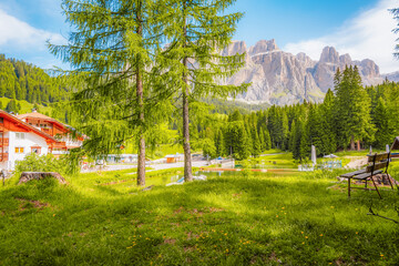 Laghetto Lupo Bianco alpine pass and high mountains, Dolomites, Italy, Europe