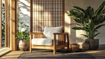 arm chair and decoration japanese on Modern room interior wabisabi style
