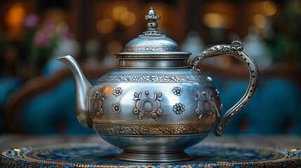 Silver antique teapot standing alone