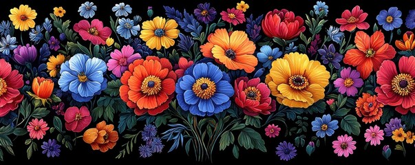A vibrant array of brightly colored flowers, including reds, yellows, and blues, is meticulously arranged in a straight line against a striking black background, creating a stunning visual contrast.