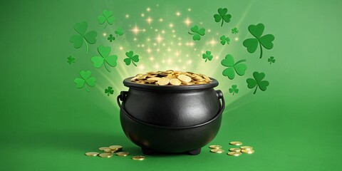 magical cauldron of gold coins with shamrocks and sparkling lights