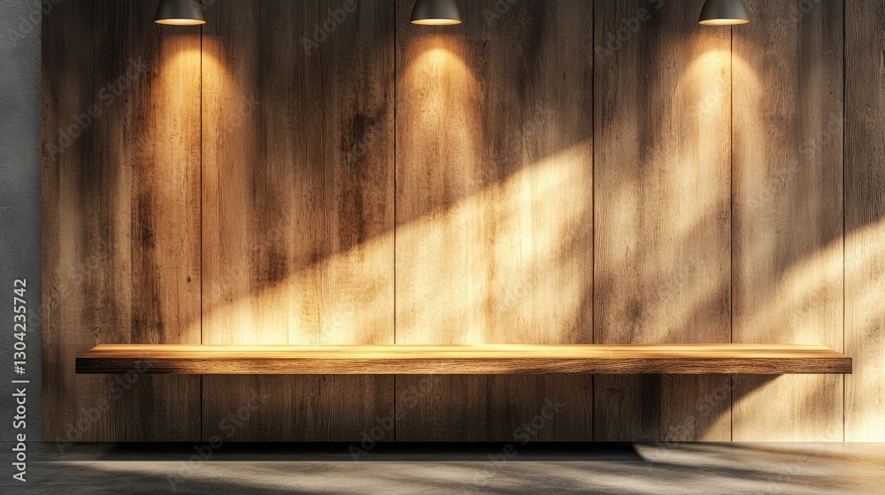 Poster A wooden shelf highlighted by a spotlight in a clean, modern interior, offering a perfect background for product display and presentation in a stylish setting