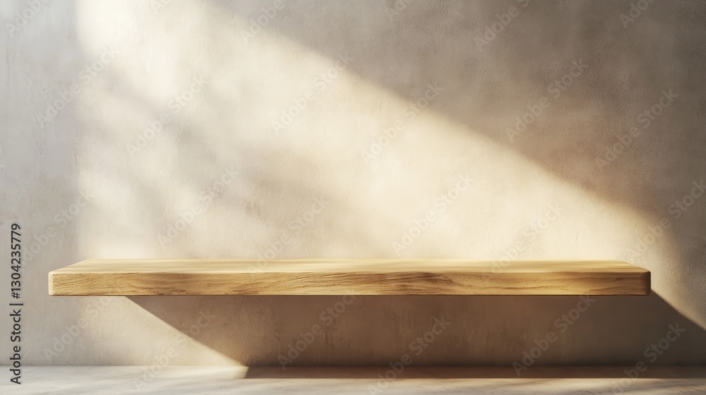 Poster A wooden shelf highlighted by a spotlight in a clean, modern interior, offering a perfect background for product display and presentation in a stylish setting