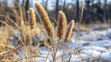 Fototapeta premium Frost-covered grass blades in a snowy landscape during winter
