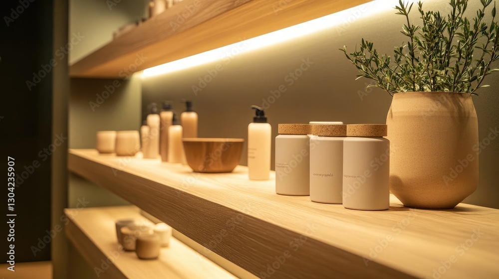 Poster A wooden shelf with a spotlight casting soft light on displayed products, creating an elegant presentation in a sleek and contemporary interior setting
