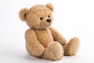 Cute brown teddy bear sitting on a white background, soft plush toy for children