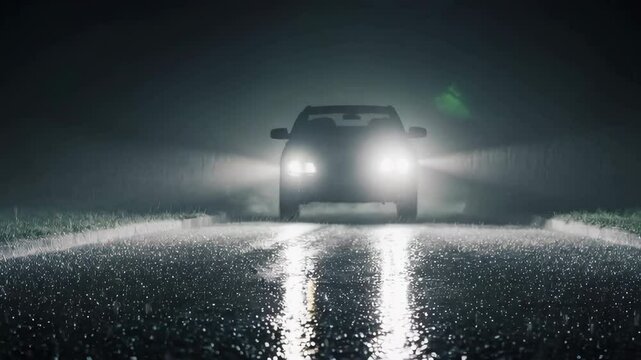 Modern car approaching on a rainy night