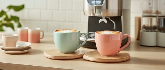 Cappuccino Cups With Espresso Machine On Counter