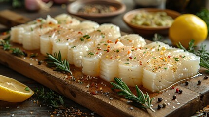 Sliced raw squid with ingredients closeup