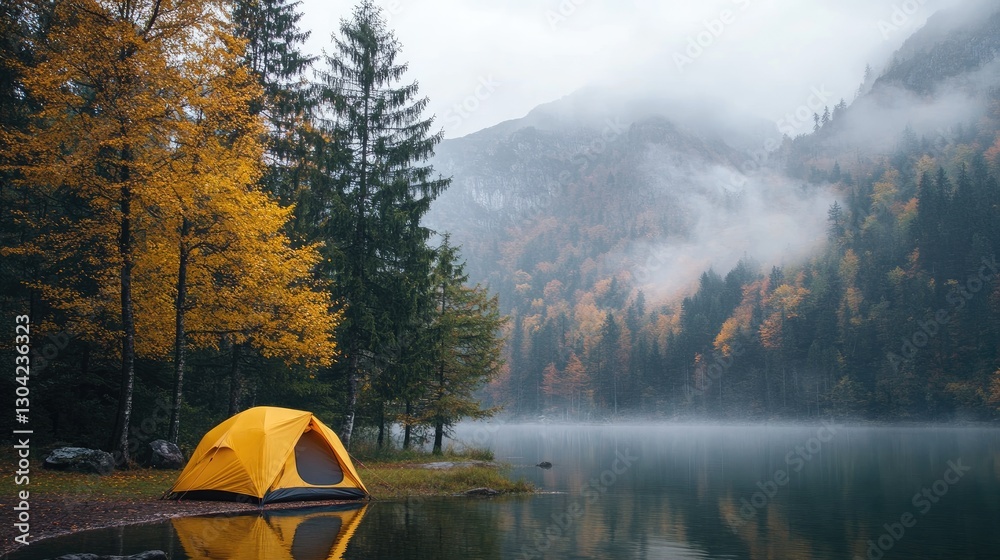 Poster a yellow tent by the tranquil lakeside with autumn trees and fog rolling over the mountains, creatin