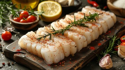 Sliced raw squid with ingredients closeup