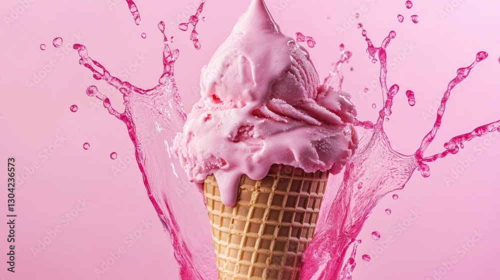 Aufkleber An ice cream cone with pink liquid splashing from it creates a playful and dynamic visual, representing creativity, flavor, and fun in a whimsical style.