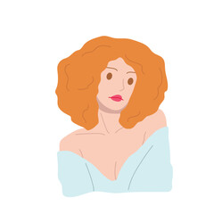 flat character of woman with curly orange hair. female model with attractive orange hair and casual clothes.