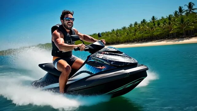 Dynamic video of a man riding a jet ski on turquoise water, captured from a low-angle, showcasing speed and adventure with a tropical backdrop.