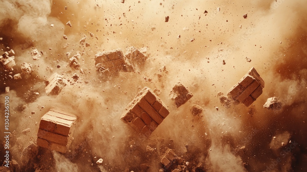 Aufkleber an intense moment of bricks exploding, with dust and flying debris filling the air, creating a high-