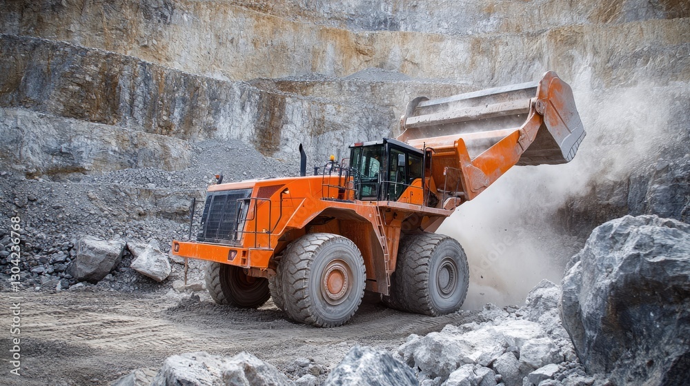 Poster an orange construction vehicle at work in a quarry, breaking apart large rocks with force, capturing