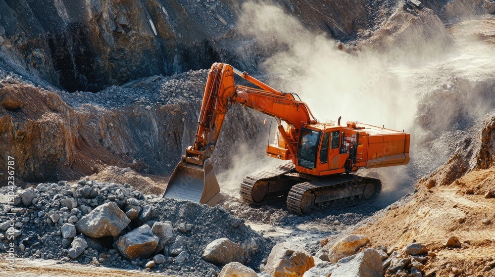 Poster an orange construction vehicle at work in a quarry, breaking apart large rocks with force, capturing