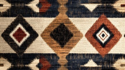 A tribal-inspired woven pattern with earthy tones and bold geometric shapes