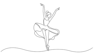 Continuous Single Line Art Drawing Ballerina Dance. Ballet Minimalist Concept. Woman Dancer Linear Drawing Beauty Elegance Style. Vector Outline Doodle Hand Draw Illustration