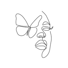 Butterfly on Female Face One Line Drawing. Minimalistic Sketch Linear Design of Simple Woman Silhouette with Butterfly for Logo, Business Design, Prints, Social Media, Web. Vector Illustration