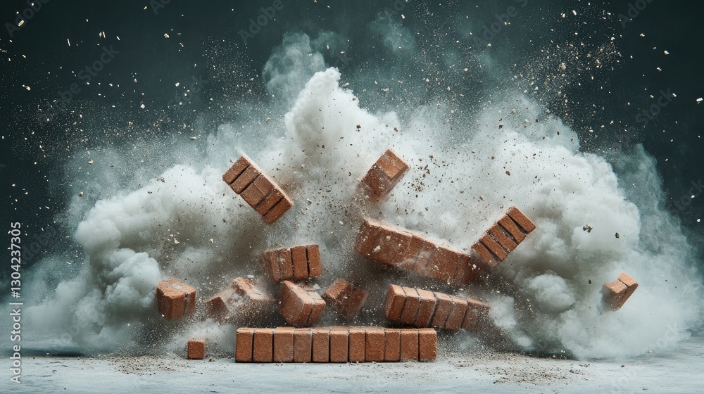 Poster bricks exploding with raw energy, sending a cloud of dust and flying debris into the air, captured i