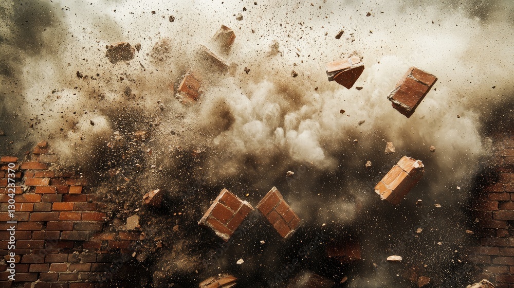 Poster bricks exploding with raw energy, sending a cloud of dust and flying debris into the air, captured i
