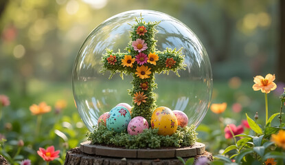 Beautiful Plant-Covered Cross with Colorful Easter Eggs Inside a Glass Sphere – Stunning Spring Stock Image for Businesses