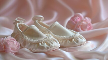 Small baby shoes on soft silk