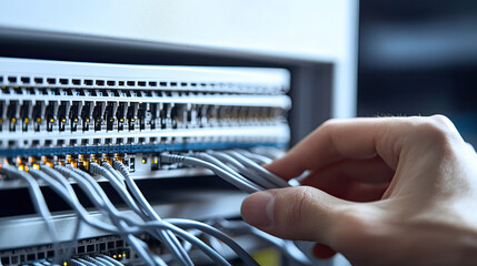 Technician in modern office maintaining network server, surrounded by cables and routers, showcasing focus and professionalism in IT infrastructure management.