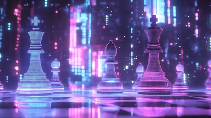 Chess pieces in a futuristic design, glowing against the backdrop of a modern, digital chessboard, showcasing an innovative and stylish twist on traditional chess