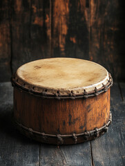 Obraz premium Rustic wooden drum on a dark textured background.