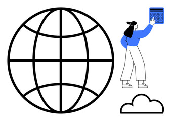Woman reaching a calculator, large wireframe globe, and a cloud representing global data, cloud services, or finance. Ideal for technology, global connectivity, cloud computing, finance business
