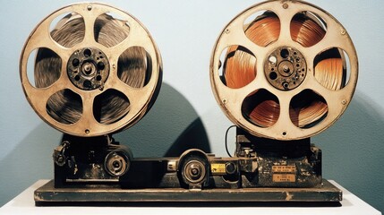 Fototapeta premium Close-up of an old film projector's reels spinning, casting a flickering light onto a blank wall, capturing the magic of classic cinema