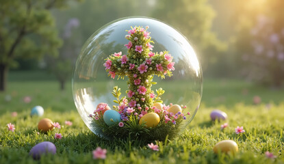 Easter-Themed Floral Cross and Brightly Colored Eggs in a Glass Globe on a Garden – Ideal for Festive Advertising