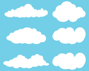 Cloud icon set. Flat cloud. Simple cloudy shapes. Cartoon white puffy, fluffy and cumulus clouds in blue sky. Abstract comic weather elements.
