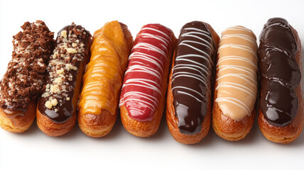 Assorted glazed eclairs in various flavors on white background.
